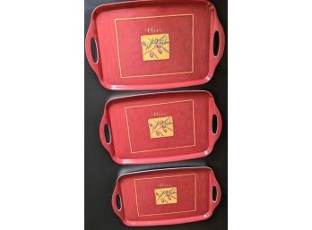 3 Matching Hand Painted And Laminated Red Olive Trays With Handles, Made In Thailand