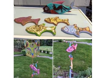 Whimsical And Colorful Hanging Cat & Fish Decor