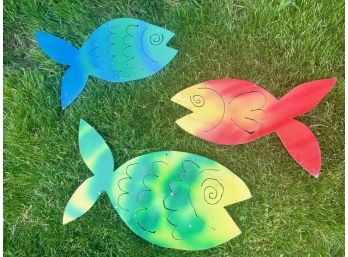 Fun & Funky Handpainted Metal Fish Decor Comes With Nylon String To Hang Outdoors
