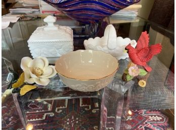 Westmoreland Vintage Milk Glass Candy Dishes, Lenox Bowl & Flower Plus Cardinal Bird Decor
