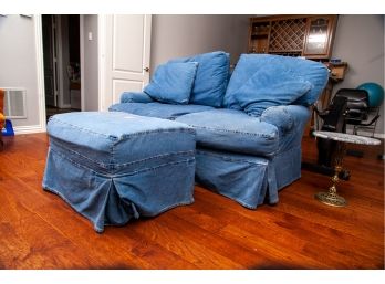 Retro Blue Denim Couch With Ottoman