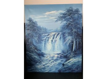 Stunning Winter Waterfall Forest Oil On Canvas Illegibly Signed