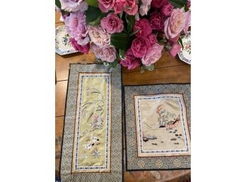 Pair Of Asian Decor Silk Needlework Decorative Tapestries
