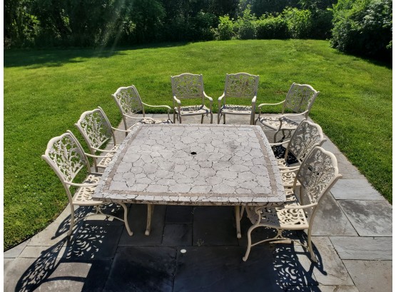 Outdoor Patio Set - Large Square Faux Stone Top Table & Eight Wrought Metal Chairs