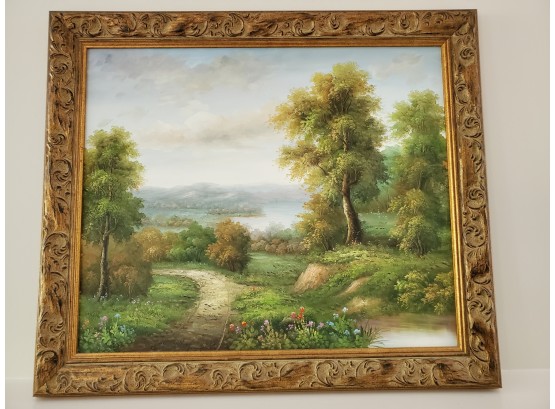 Vintage Landscape Oil Painting On Canvas In Carved Gold Frame