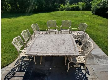 Outdoor Patio Set - Large Square Faux Stone Top Table & Eight Wrought Metal Chairs
