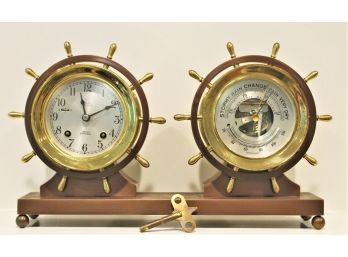 Vintage Chelsea Brass Ship's Bell Clock & Barometer On Double Base With Key - MSPR $3240