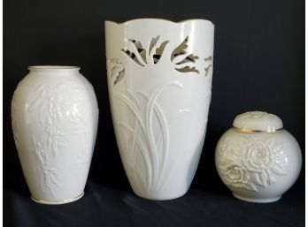 Lovely Trio Of Lenox Porcelain Vases & Candy Jar