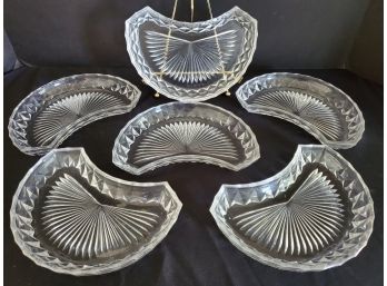 Six Vintage Ribbed Crystal Snack Plates - Signed Val St. Lambert