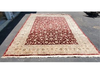 Oriental Hand Knotted Wool Cream & Maroon Fringed 8' X 12' Area Rug