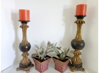 Pair Of Tall Wood Decorative Pillar Candle Holders And Two Small Faux Plants & Planters