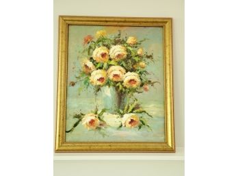 Pretty Vintage Framed Oil On Canvas Floral Painting - Unsigned