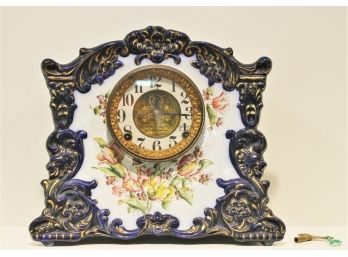 Antique Circa 1910 Royal Bonn Germany Porcelain Mantel Clock With Gilbert Clock Co. Movement