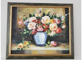 Pretty Framed Vintage Oil On Canvas Floral Painting - Purchased In Singapore