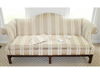 Ethan Allen Striped Beige & Cream Colored Sofa With Wood Chippendale Legs - MSRP $1900