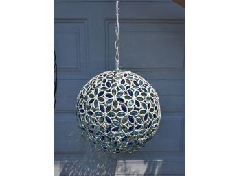 Cool White Hanging Swag Metal Ball Light Fixture With Green & Blue Glass