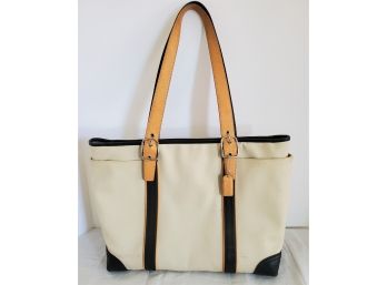 COACH Signature Canvas Leather Ivory & Black Carry-all Bag Shoulder Tote 5148