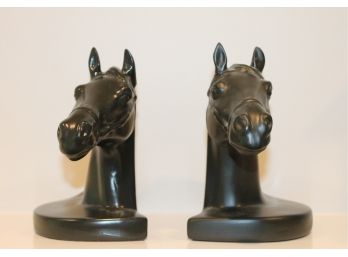 Pair Of Painted Pottery Horse Head Bookends