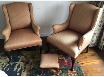 Pair Of Upholstered Arm Chairs With Ottoman