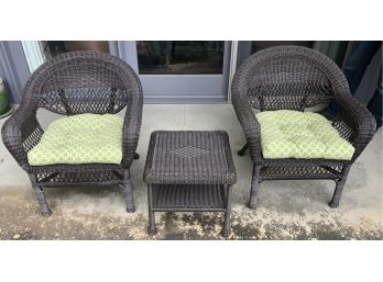 Pair Of Plastic Wicker Chairs And Table