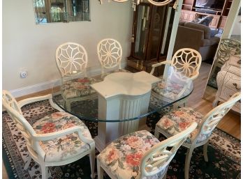 Glass Top Pedestal  Dining Table With Six Chairs Floral Cushion Seats And Pads