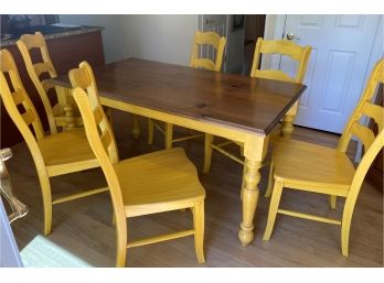 Painted Pine  Kitchen Table With Drawer, Pads And Six Wooden  Chairs