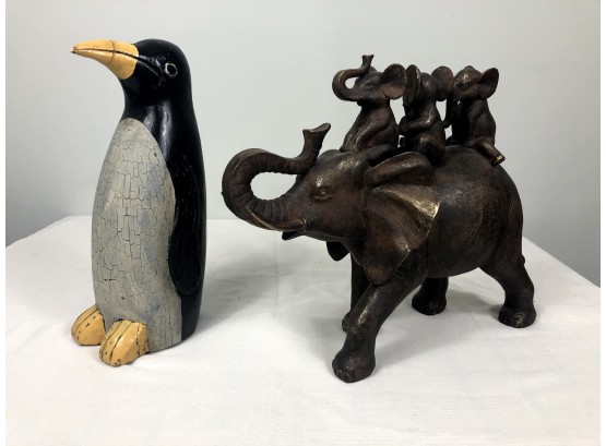 Pair Of Figural Animal Decor, Elephant And Penguin