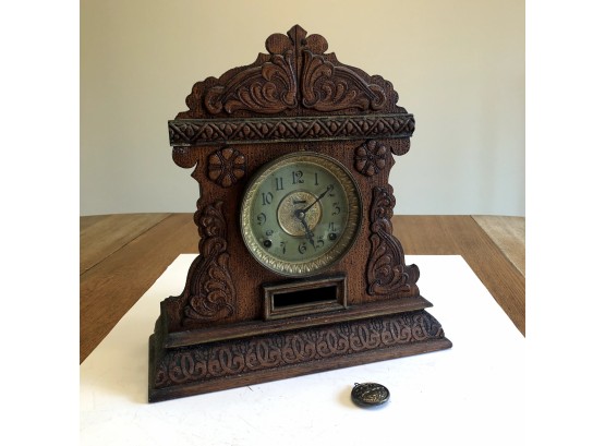 Antique E. Ingraham & Company Carved Wood Mantle Clock 1880s