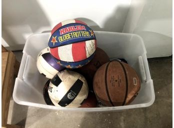 Bin Of Sports Balls, Including Signed Harlem Globetrotters Ball (Hi-Lite Bruton), 9 Pieces