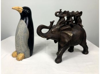 Pair Of Figural Animal Decor, Elephant And Penguin
