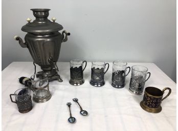 Vintage Samovar With Glass Holders And Spoons, 10 Pieces