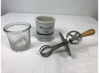 Antique Hand Mixer / Beater, Wesson Oil Stoneware Beater Jar, 3 Pieces