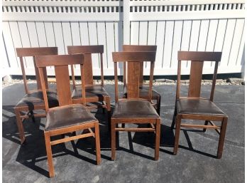 Antique Oak Dining Chairs With Leather Seats, 6 Pieces