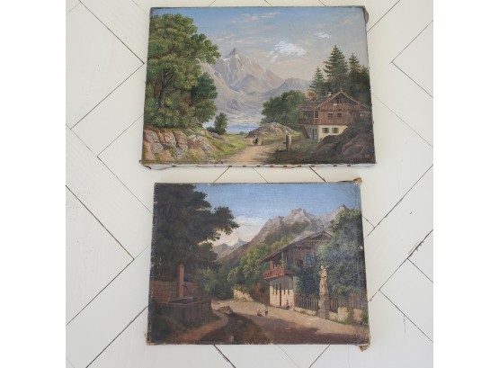 Set Of 2, Lovely Antique Landscape Paintings On Canvas, Denmark - Mid 19th C.