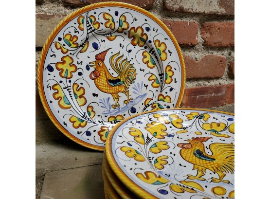 Set Of (6) Made Italy For Casafina Rooster Dinner Plates - Handpainted