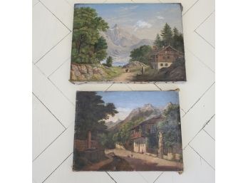 Set Of 2, Lovely Antique Landscape Paintings On Canvas, Denmark - Mid 19th C.