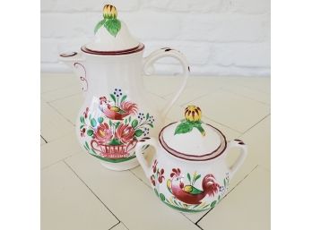 S'Cleiment France Coffee Pot With Sugar Bowl - Floral & Rooster
