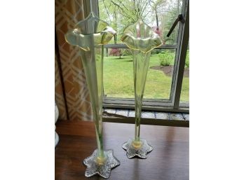 Pair Of Vintage Iridescent 'Jack In The Pulpit' Hand Blown Vases