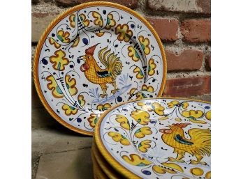 Set Of (6) Made Italy For Casafina Rooster Dinner Plates - Handpainted