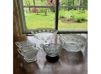 Lot Of (5) Vintage Glass Pieces Including Heisey Divided Glass Bowl With Sterling Base
