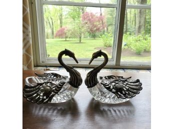 Pair Of Vintage Crystal & Metal Swan Bowls / Candy Or Nut Dish