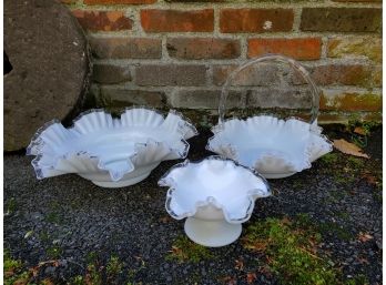 Lot Of (3) Vintage Fenton Silver Crest Clear Ruffled Edge Milk Glass (bowl, Small Footed Bowl, Basket)