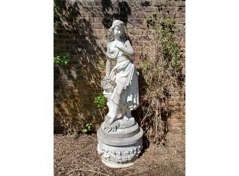 Cast Stone Lady / Girl Holding Basket Of Flowers Statue (65' With Base) - Imported From Portugal