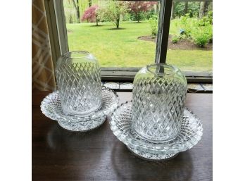 Pair Of Vintage Cut Glass Candle Bases With Dome