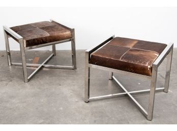 (83) Pair Of Square Stainless Steel Genuine Cowhide Benches