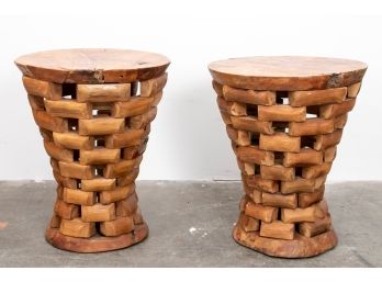 (87) Pair Of Petrified Wood Drum Stools