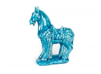 (9) Glossy Blue Ceramic Horse Sculpture