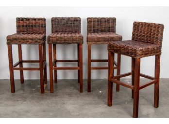 (60) Set Of Four Dense Wicker Wood Barstools