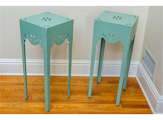 Two Metal Tables Painted With Cut Out Design On Top