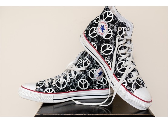 CONVERSE All Star High Top Black With White Peace Signs Size 9 Men - One Pair
